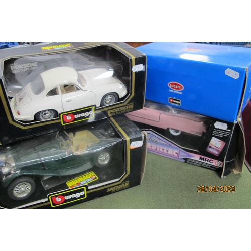 346 - Four 1:18th Scale Diecast Model Vehicles, by Burago, MRC to include Elvis Pink Cadillac, COD.3021 Po... 