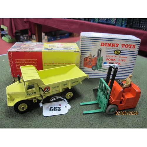 663 - Two Boxed Dinky Diecast Model Vehicles, comprising of #965 Euclid Rear Dump Truck, pale yellow body ... 