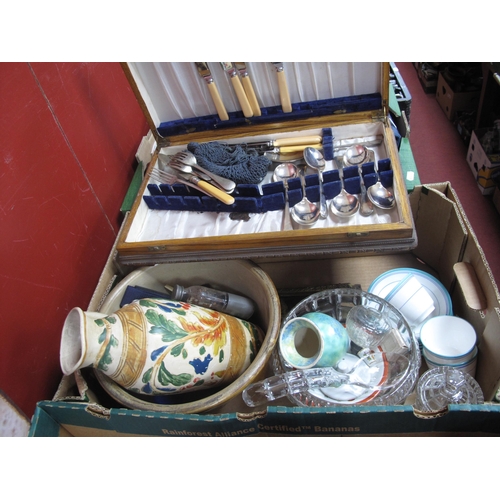 1005 - Cutlery in Case, stoneware cooking pot, ceramics, glassware, hip flask, etc:- One Box