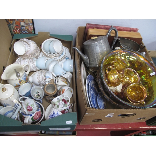 1044 - Carnival Glass Punch Bowl and Cups, cased cutlery, teaware, pewter teapot, epns sugar bowl, etc:- Tw... 