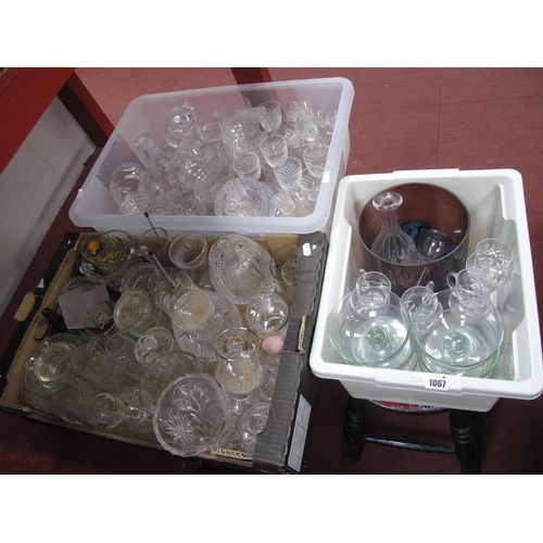 1067 - * WITHDRAWN * Three Boxes of Cut and Pressed Glassware, including amethyst light shade, decanter, et... 