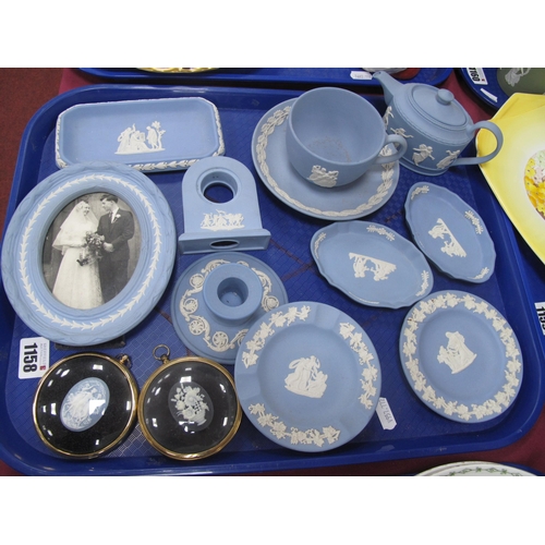 1158 - Wedgwood Powder Blue Jasper Ware Pottery, including small tea pot, cup and saucer, photograph frame,... 