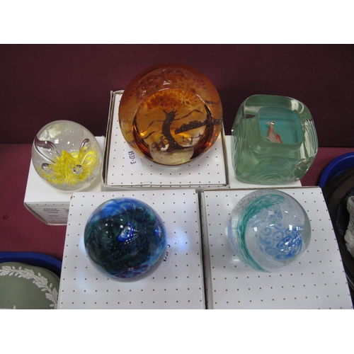 1175 - Caithness Glass Paperweights, lace tapestry, Fortune, Moonbeam, Free Spirit and one unnamed paperwei... 