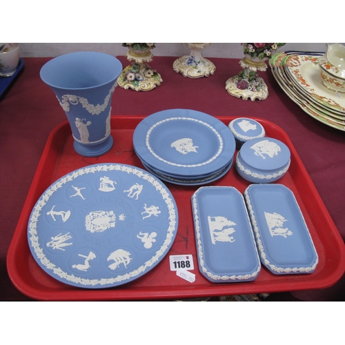 1188 - Wedgwood Powder Blue Jasper Ware Vase, 15cm high, two trinket boxes, pair of rectangular pin tray (o... 