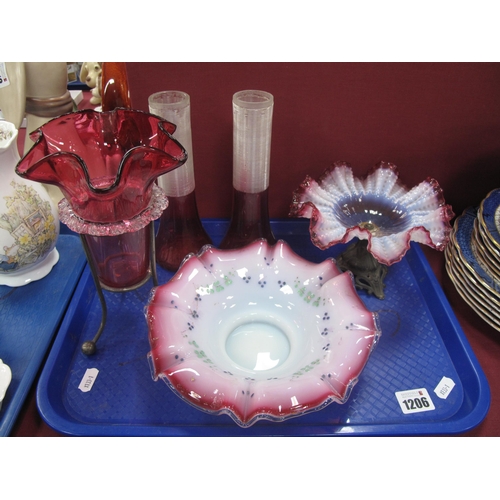 1206 - Late XIX and Early XX Century Cranberry Glassware, including crimped vase on plated stand, pair of s... 