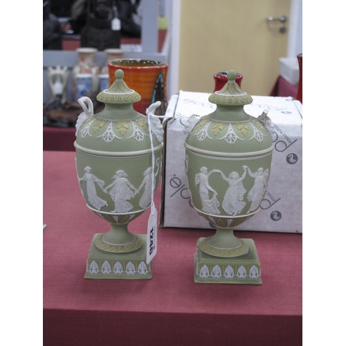 1246 - Wedgwood Olive Green Jasper Ware Pedestal Urn, decorated with eight dancing maidens, to ovoid body, ... 