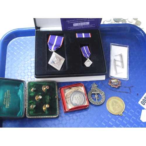 1300 - Pair of 9ct Gold Cuff Links and Gilt Stud, in case, Queens Diamond Jubilee Medal Set, 'Per Ardua', B... 