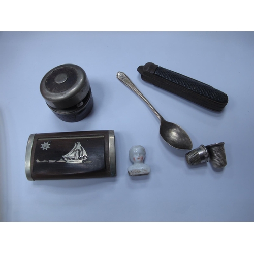 1302 - Travelling Inkwell, with swallow inner lid, 4cm diameter, pocket knife, snuff box, silver thimble an... 