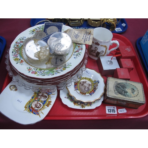 1315 - Coins; Crown 1935, George V, other coinage, Coronation glass plates and other commemorative ware, si... 