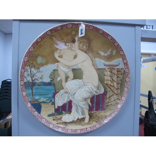 1319 - A Minton Pottery Hand Painted Charger, circa 1900, featuring scantily clad maiden embracing cherub, ... 