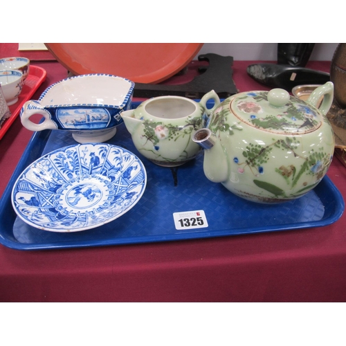 1325 - Oriental Tea Pot, cream jug, Chinese blue white saucer. Dutch Delf ware, jug.