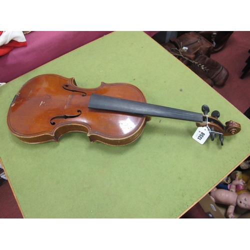 1358 - German Violin. labelled Wilhelm Duerer Two Piece Back, bridge and strings absent, length of back app... 