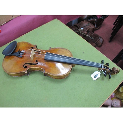 1359 - German Violin, labelled 'Jacobus Stainer', two piece back, length of back approximately 355mm.