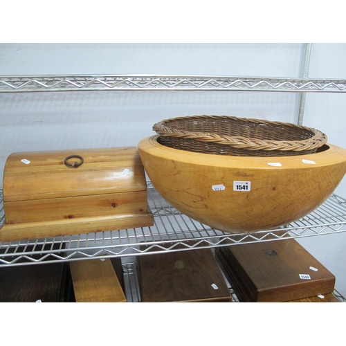 1541 - Pete Taylor, A large spalted Sycamore mixing bowl, 54cm wide x 21cm high, together with a pine box, ... 