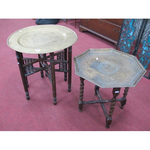 1551 - Indian Brass Octagonal Coffee Table Top, 48cm on English barley twist base, circular brass topped co... 