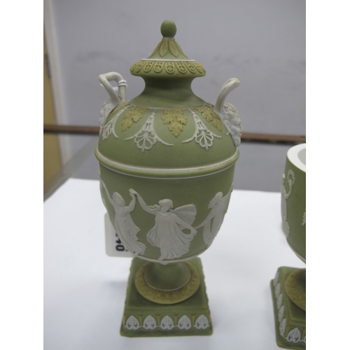 1246 - Wedgwood Olive Green Jasper Ware Pedestal Urn, decorated with eight dancing maidens, to ovoid body, ... 