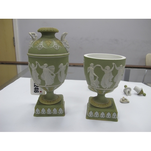 1246 - Wedgwood Olive Green Jasper Ware Pedestal Urn, decorated with eight dancing maidens, to ovoid body, ... 