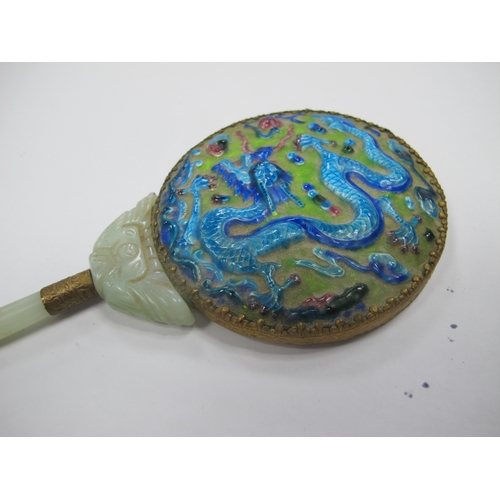 1289 - Oriental, Chinese ladies hand mirror, the enamelled back with blue sinuous dragon on green ground, w... 