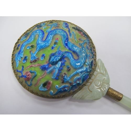 1289 - Oriental, Chinese ladies hand mirror, the enamelled back with blue sinuous dragon on green ground, w... 