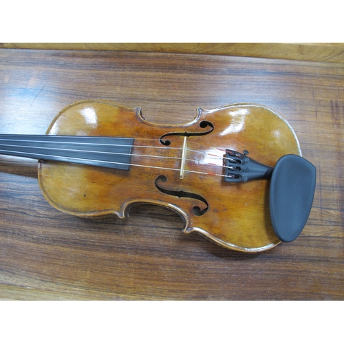 1359 - German Violin, labelled 'Jacobus Stainer', two piece back, length of back approximately 355mm.