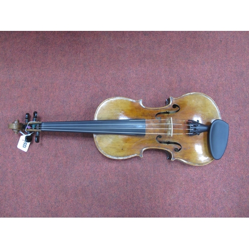 1359 - German Violin, labelled 'Jacobus Stainer', two piece back, length of back approximately 355mm.