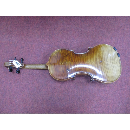 1359 - German Violin, labelled 'Jacobus Stainer', two piece back, length of back approximately 355mm.