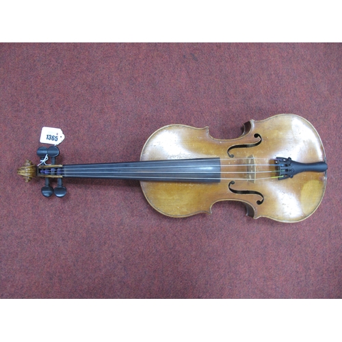 1365 - Violin, German, with one piece back no visible label, approximately 358mm length of back.