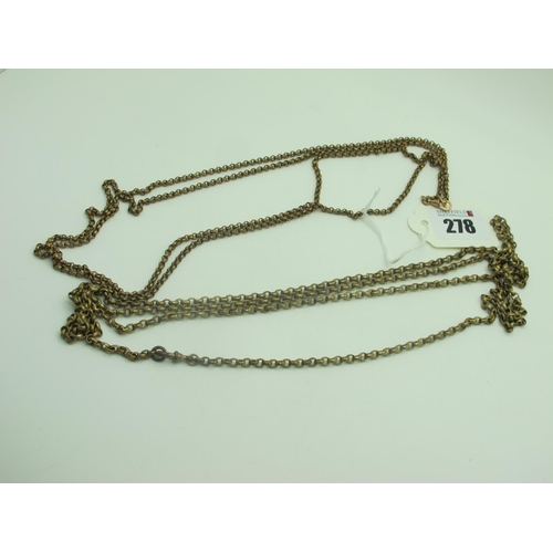 278 - A Gilt Metal Guard / Muff Chain, to swivel clasp; together with another example. (2)