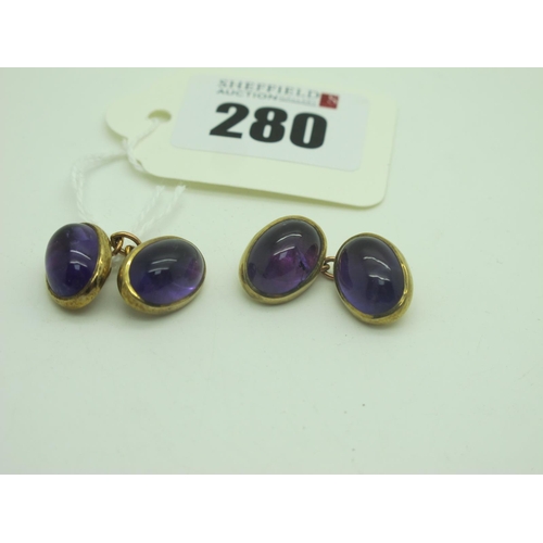 280 - A Pair of 9ct Gold Amethyst Cufflinks, oval cabochon collet set, on chain connections.