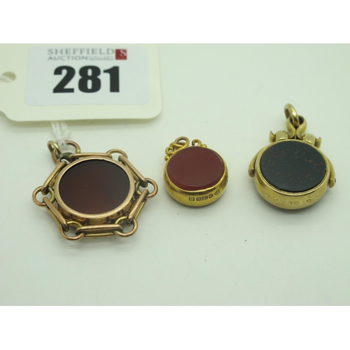 281 - A 9ct Gold Hardstone Inset Fob Pendant, together with a 9ct gold mounted swivel fob pendant. (3)