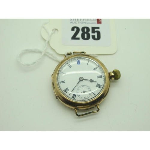 285 - Circa Early XX Century Gold Plated Wristwatch Head (No Strap), the unsigned white dial with Roman nu... 