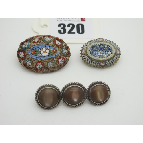 320 - Two Decorative Oval Micromosaic Brooches, depicting flowers, together with a bar brooch, circular co... 