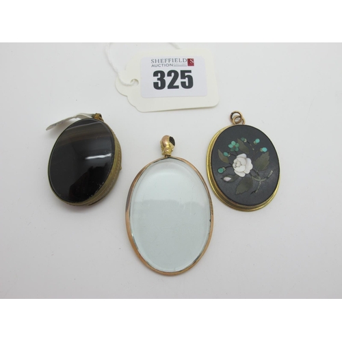 325 - A Pietra Dura Oval Panel Pendant, detailed with floral spray; a 9ct gold mounted glazed oval locket ... 