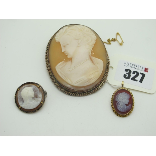 327 - A Large Oval Shell Carved Cameo Brooch, depicting female profile, oval collet set; together with a s... 