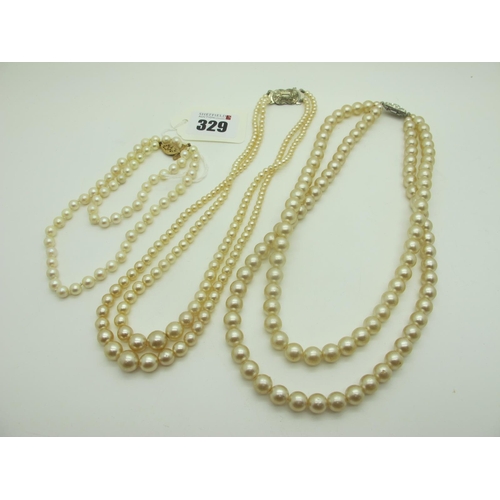 329 - A Single Strand Pearl Bead Necklace, knotted; together with two imitation pearl bead two row necklac... 