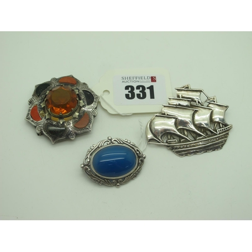 331 - A Galleon Ship Brooch, together with a Victorian style hardstone inset brooch (lacking pin); an oval... 