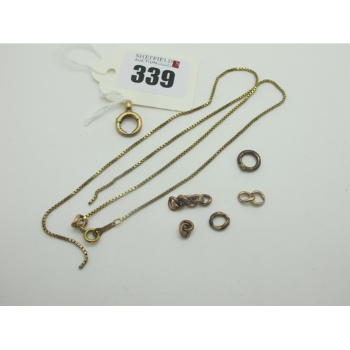 339 - A 9ct Gold Box Link Chain, (broken); together with bolt ring clasp, assorted curb links, etc.