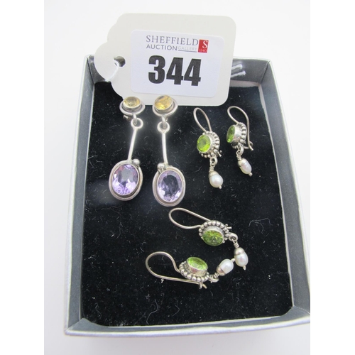 344 - Modern Antique Style Earrings, together with a pair of two stone drop earrings, collet set.