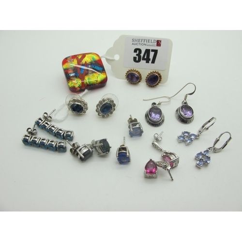 347 - 925 and Other Earrings, including single stone, drops etc, modern glass brooch.