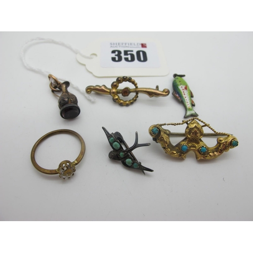 350 - An Antique Turquoise Inset Brooch, of shaped design (damaged); together with a dainty single stone b... 