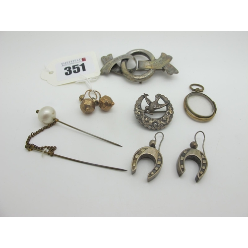 351 - A Pair of Victorian Horseshoe Drop Earrings, on hook fittings; together with a pair of antique facet... 