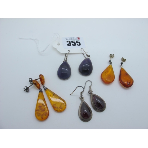 355 - Single Stone Drop Earrings, together with amber coloured earrings.