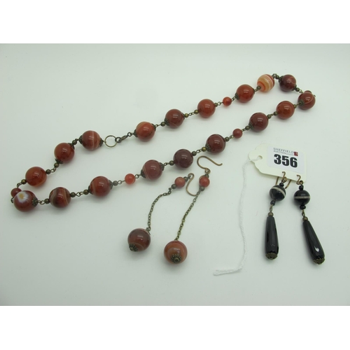 356 - An Orange Banded Agate Bead Necklace, together with a pair of elongated drop earrings, on hook fitti... 