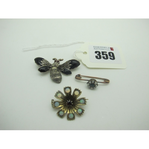 359 - An Opal Flowerhead Brooch, a marcasite inset insect brooch, a cluster stock pin brooch. (3)