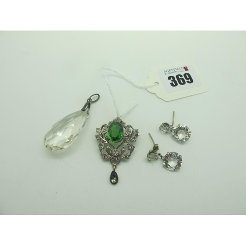 369 - A Continental Antique Style Openwork Brooch, oval collet set, suspending drop; together with a pair ... 