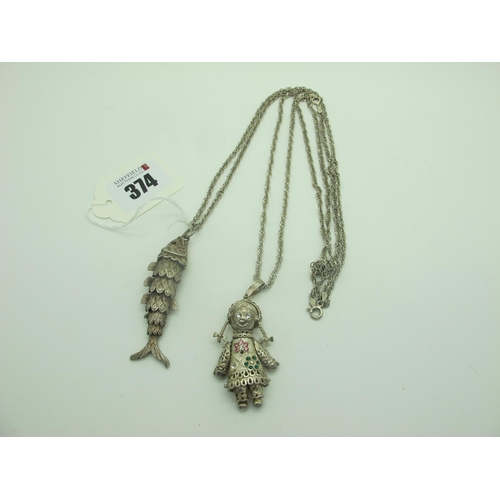 374 - A Novelty Rag Doll Pendant, of articulated design with inset highlights, stamped 