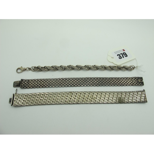 379 - A Hallmarked Silver Brick Link Bracelet, of wide uniform design, to snap clasp; together with anothe... 