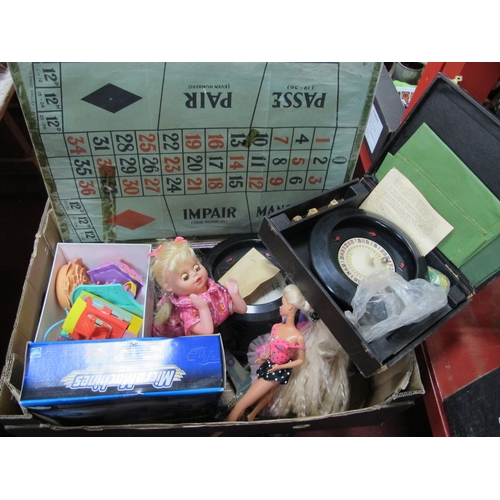 1032 - Two Mattel Barbie Dolls, Bluebird plastic houses, model trains, roulette, etc:- One Box