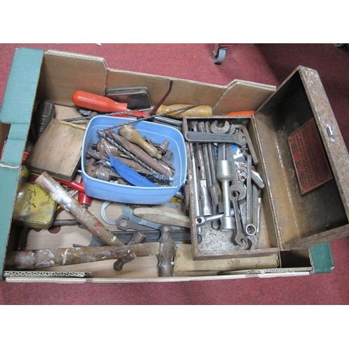 1040 - Wesco Oil Can, spanners, hand drill, Moore & Wright rule, hammers, other tools:- One Box.