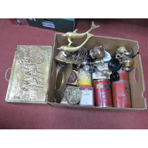 1041 - Cow & Gate, and other tins, trophies, brass ware:- One Box, magazine rack.